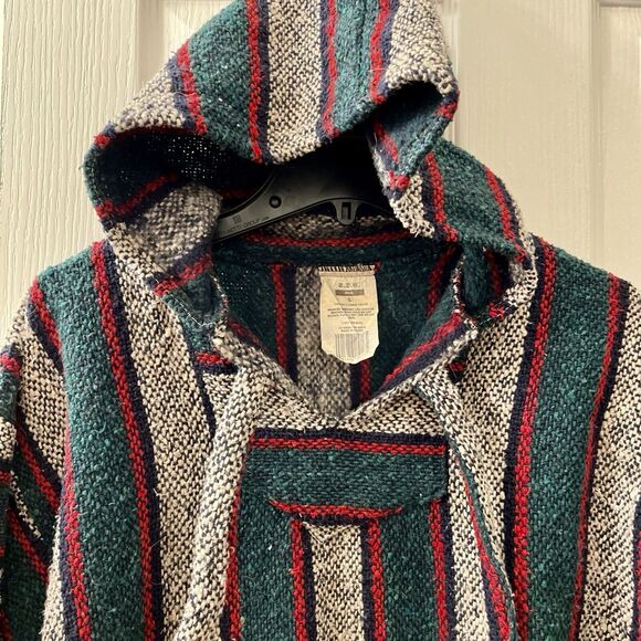 Vtg Baja Jacket L SDC Green Red Stripe Pullover Drug Rug Hoodie Skate Surfer Y2K - Picture 2 of 8